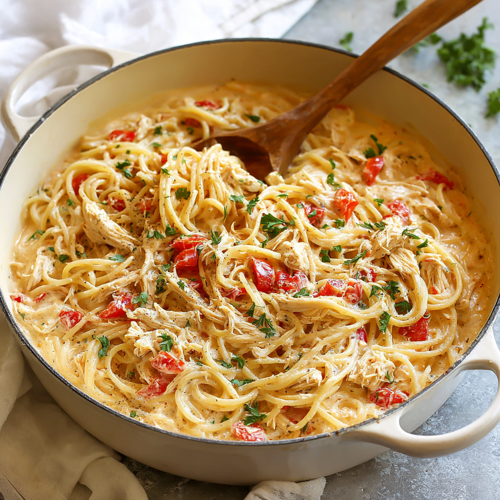 Creamy chicken spaghetti in a Dutch oven