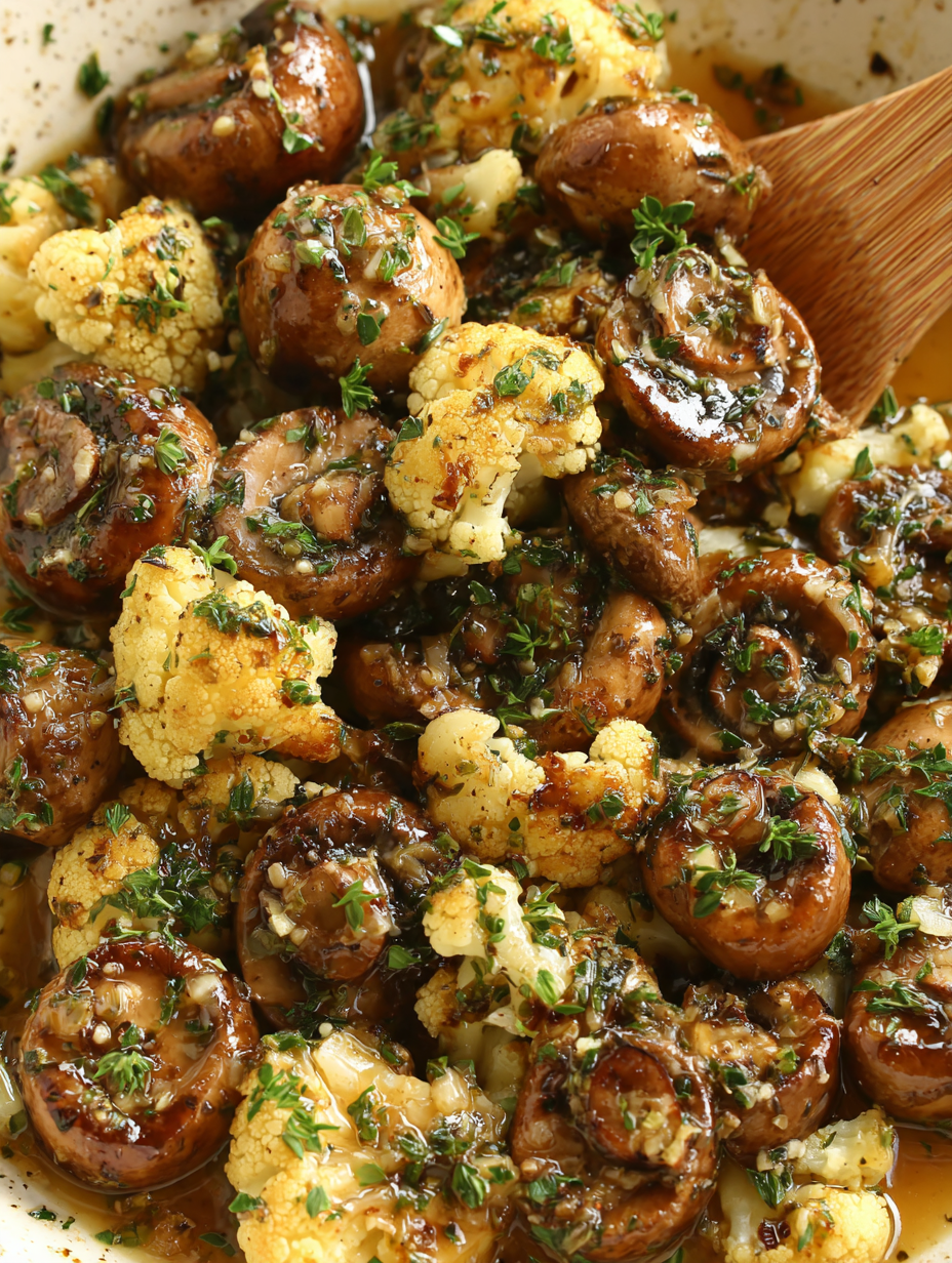 Garlic butter mushrooms and cauliflower in a skillet