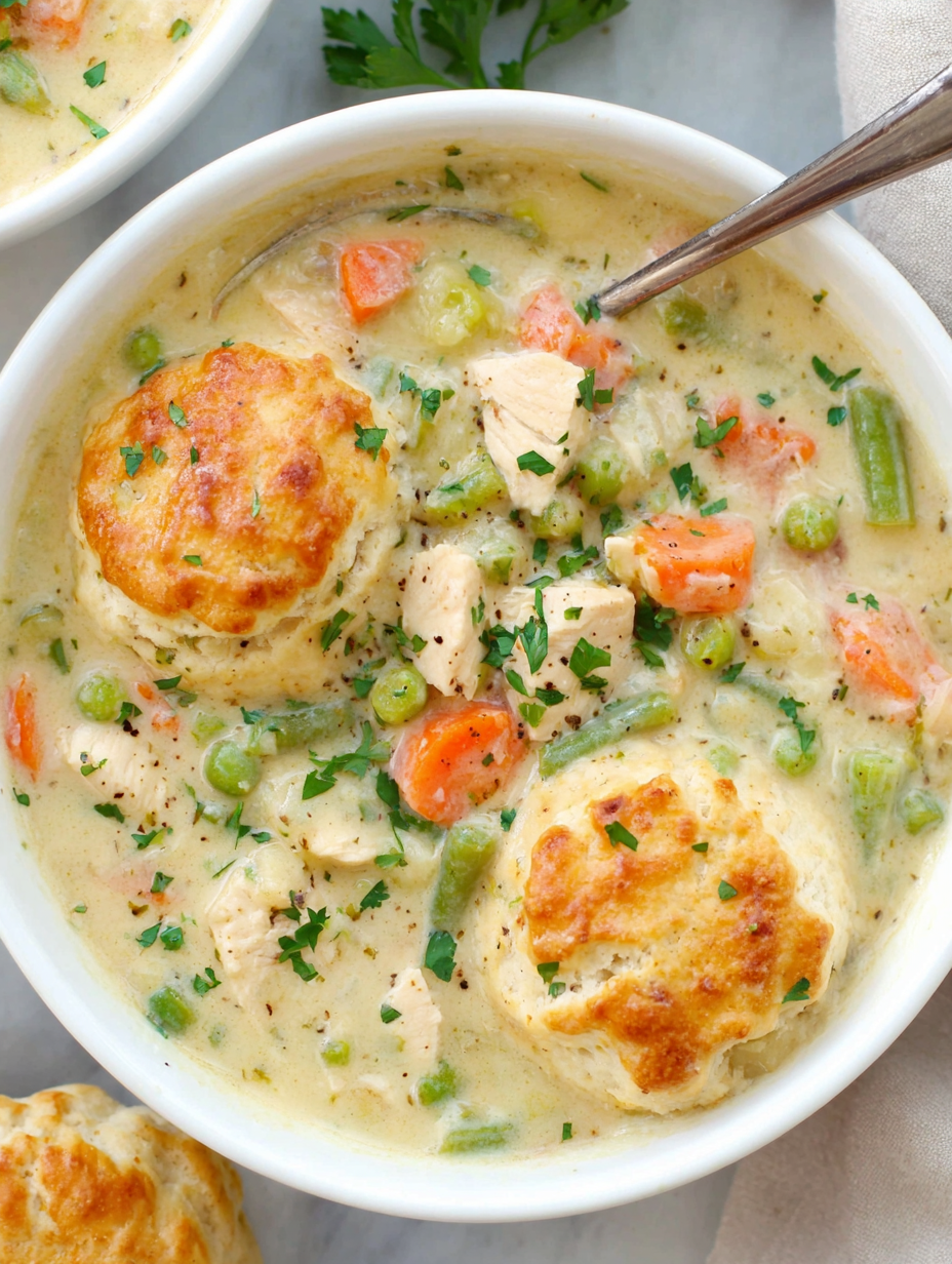 Ladle serving chicken pot pie soup into bowl