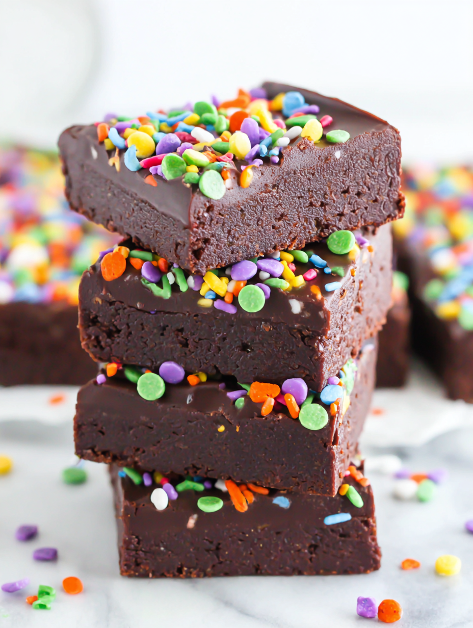 Cosmic Brownies in pan with ganache and sprinkles