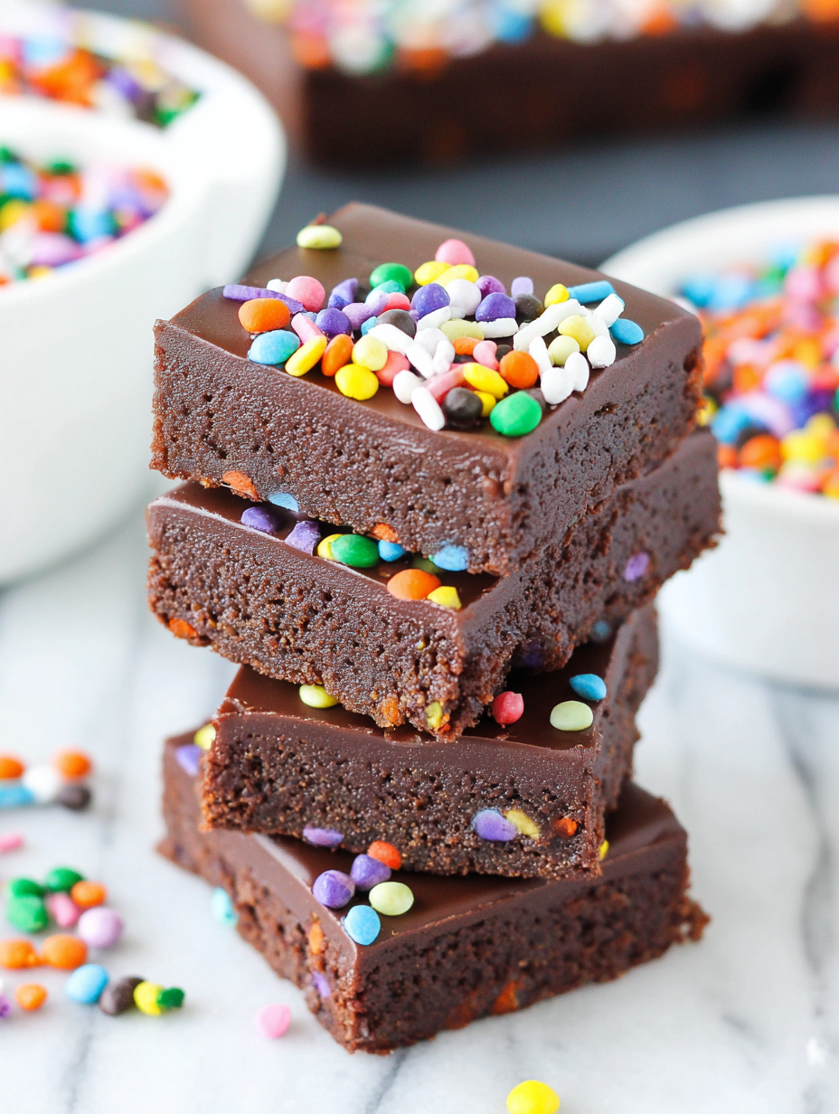Close-up of a sliced cosmic brownie with colorful sprinkles