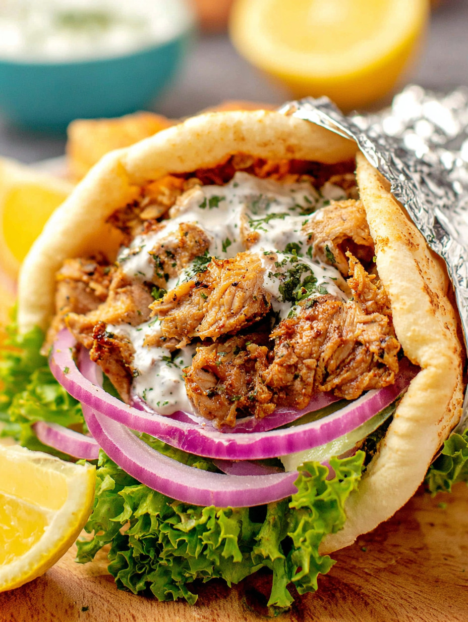 Assembled shawarma pita with sauce and vegetables