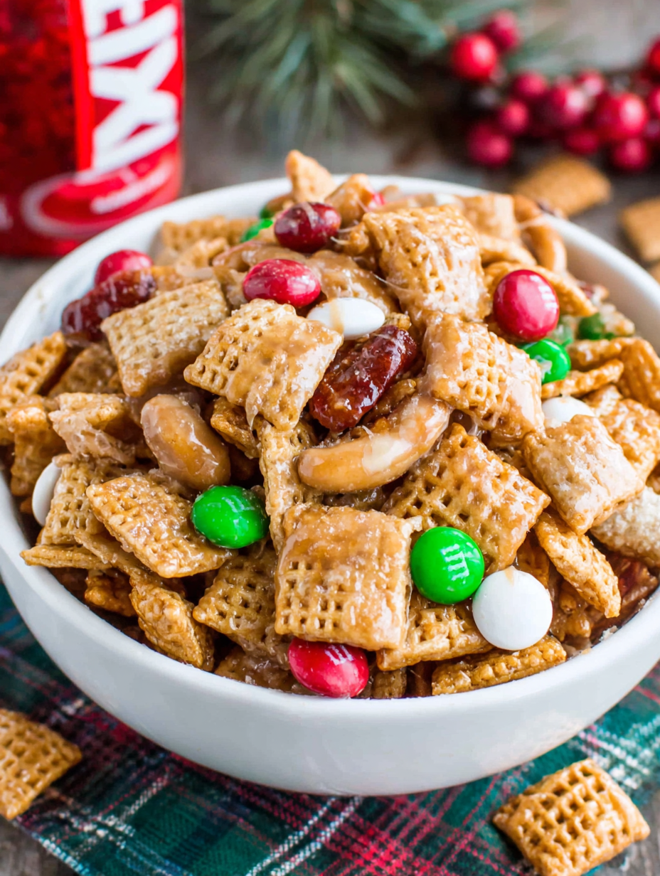 Sticky Sweet and Salty Chex Mix cooling on a baking sheet