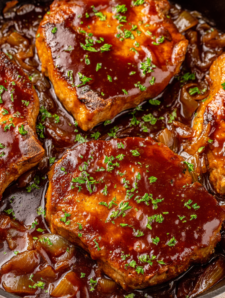 Seared pork chops with apple butter BBQ sauce in skillet