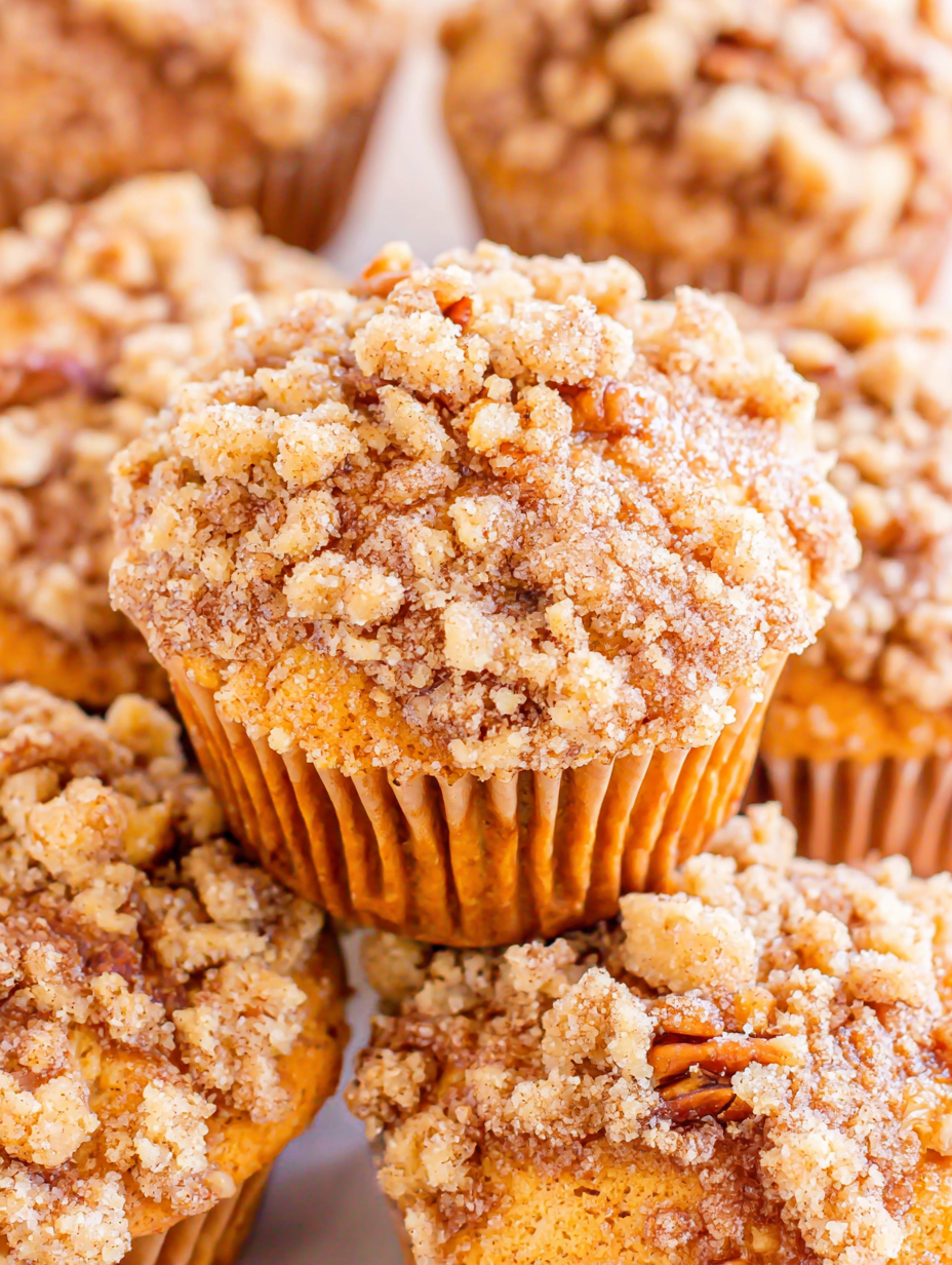 Close-up of apple muffins with crumb topping and pecans