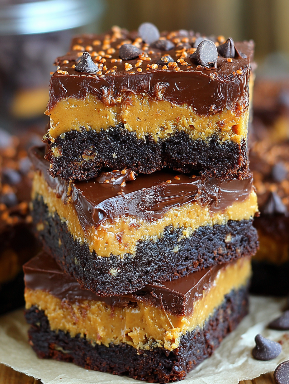 Peanut butter brownies in a pan with ganache