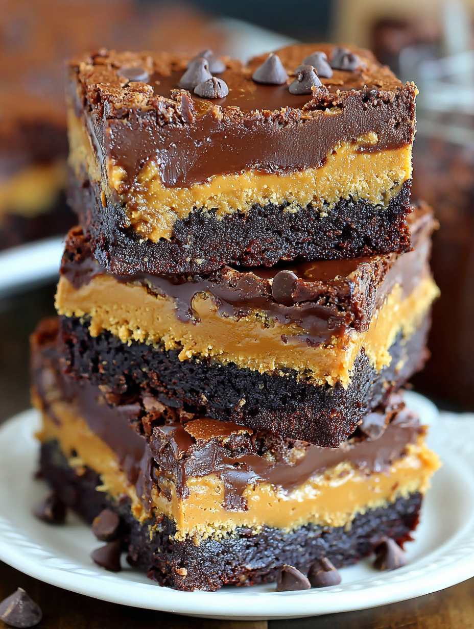 Sliced peanut butter brownies on a board