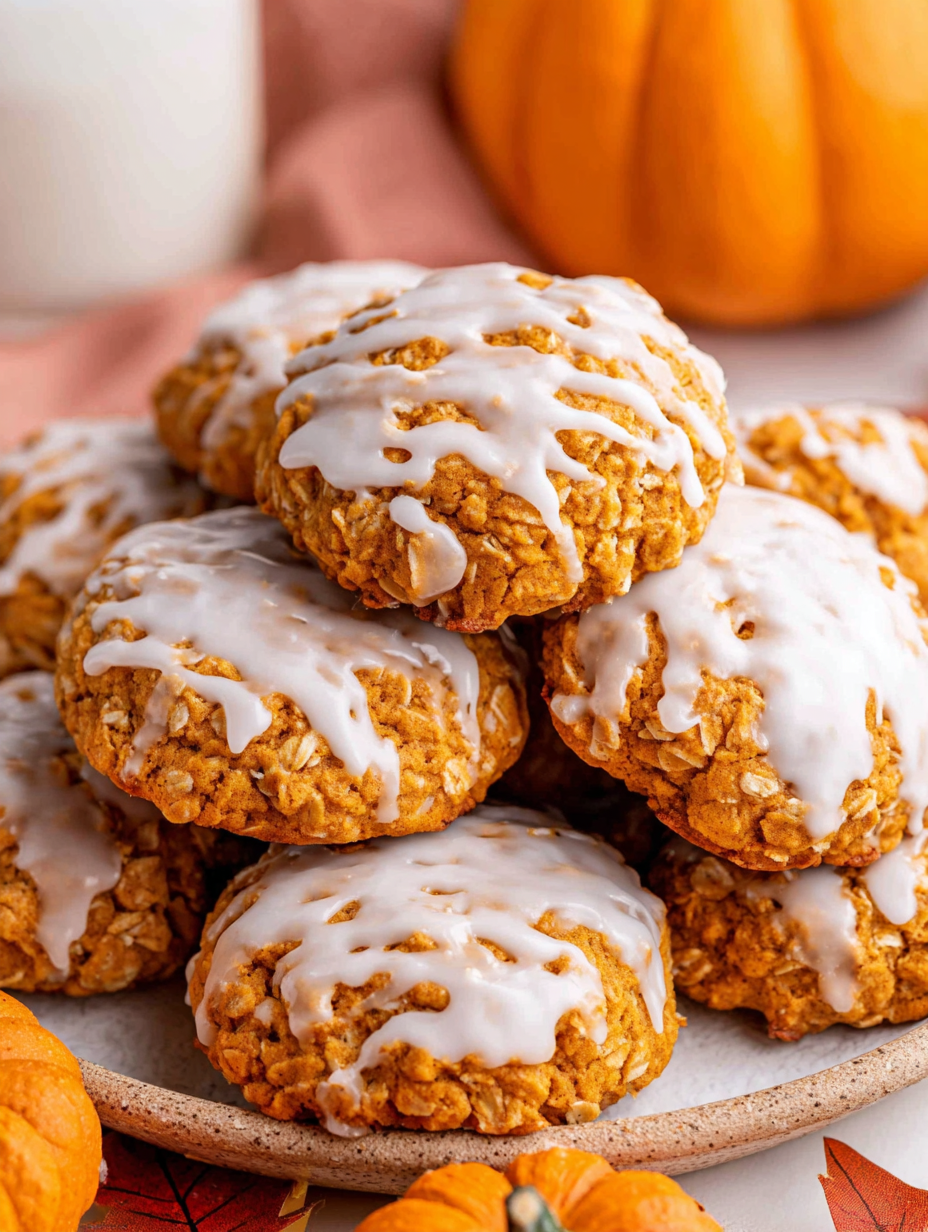 Icing being drizzled over pumpkin cookies