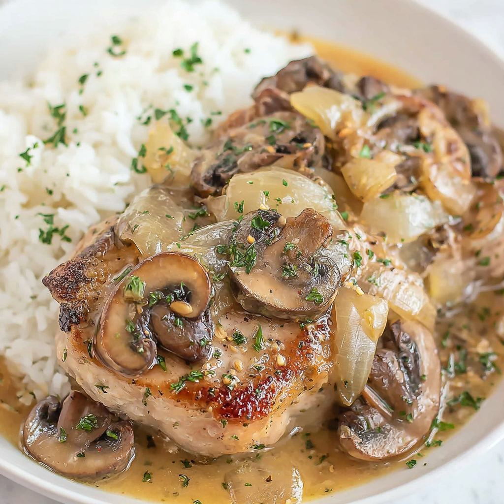 Slow Cooker Bone-in Pork Chops with Mushrooms & Onions