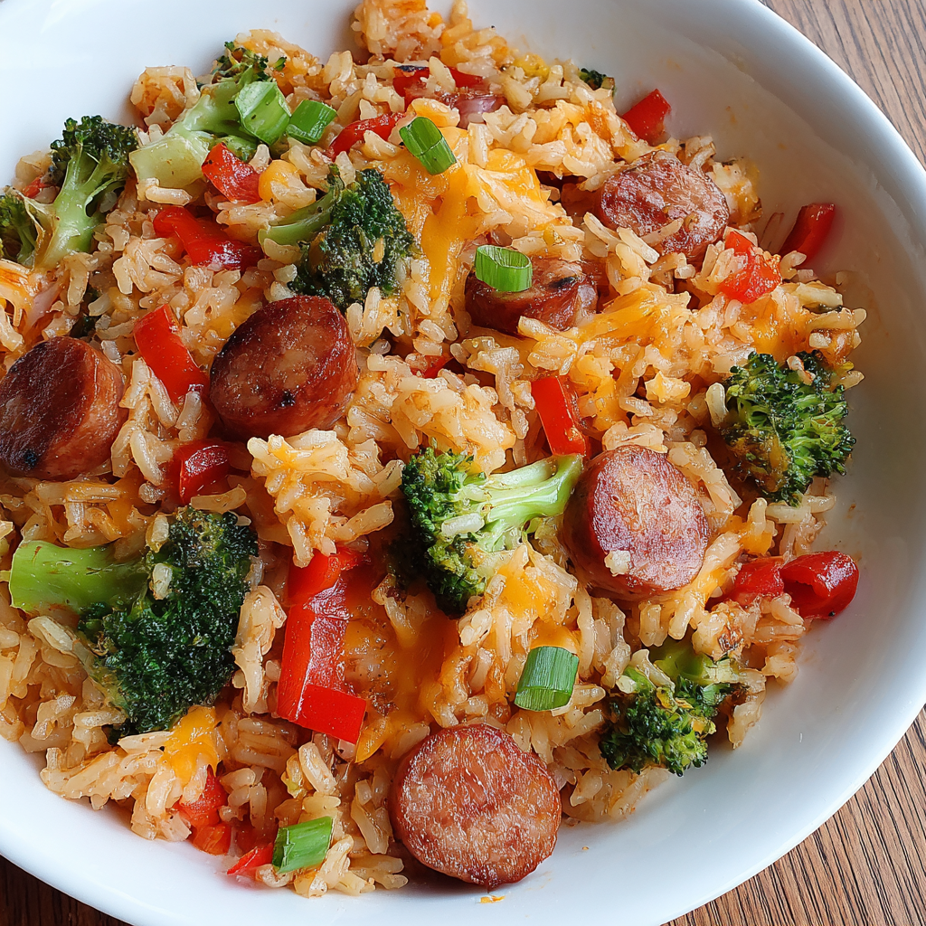 Close-up of cheesy smoked sausage rice in skillet