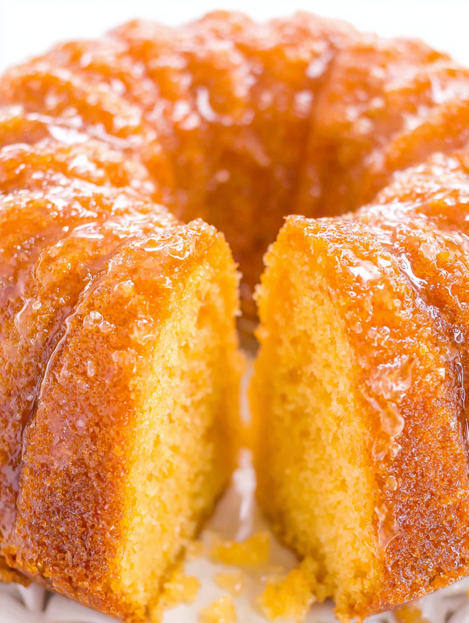 Bundt cake being glazed with rum sauce