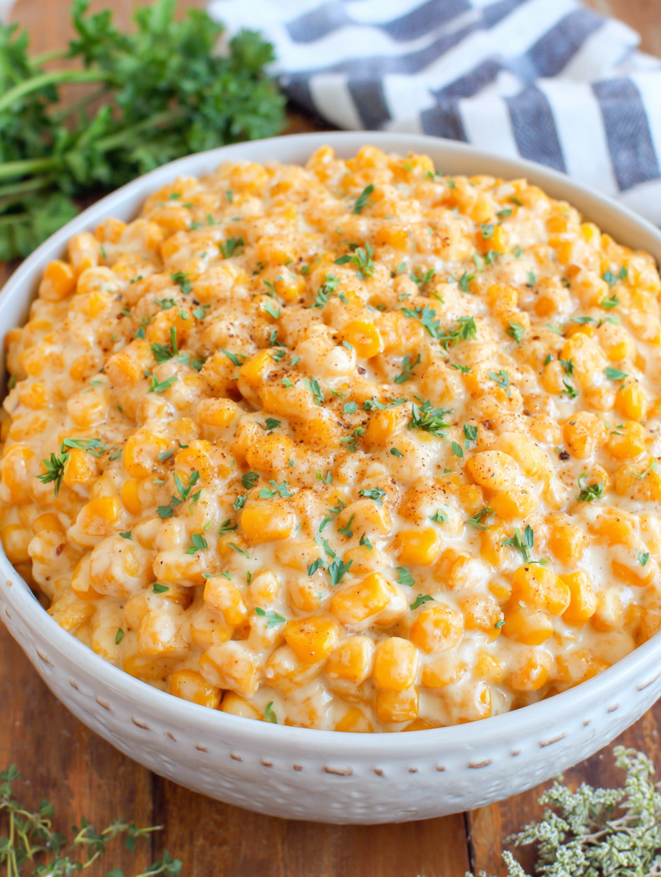 Cream cheese and butter melting over corn in slow cooker