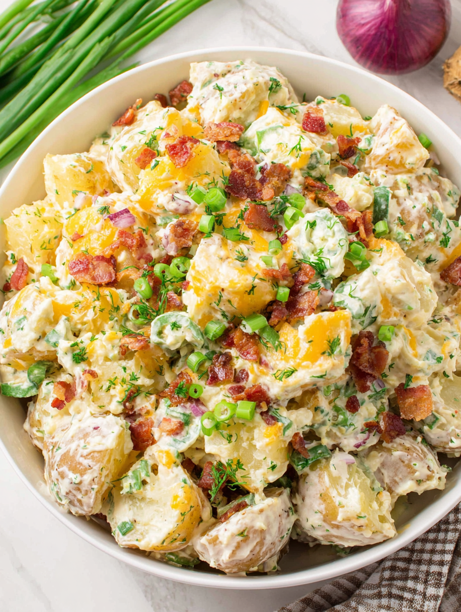 Jalapeño popper potato salad in a serving bowl