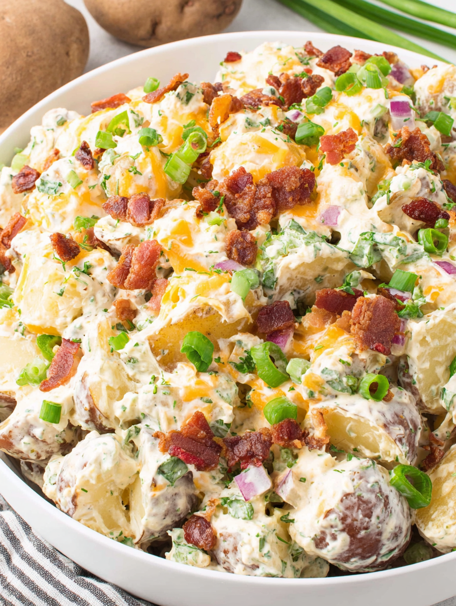 Close-up of potato salad texture and ingredients