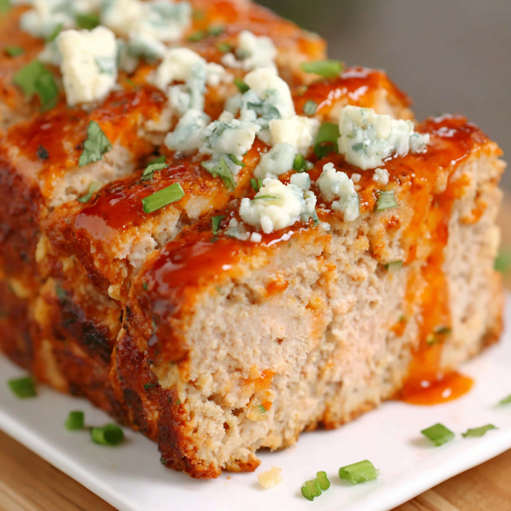 Buffalo chicken meatloaf sliced on a wooden board