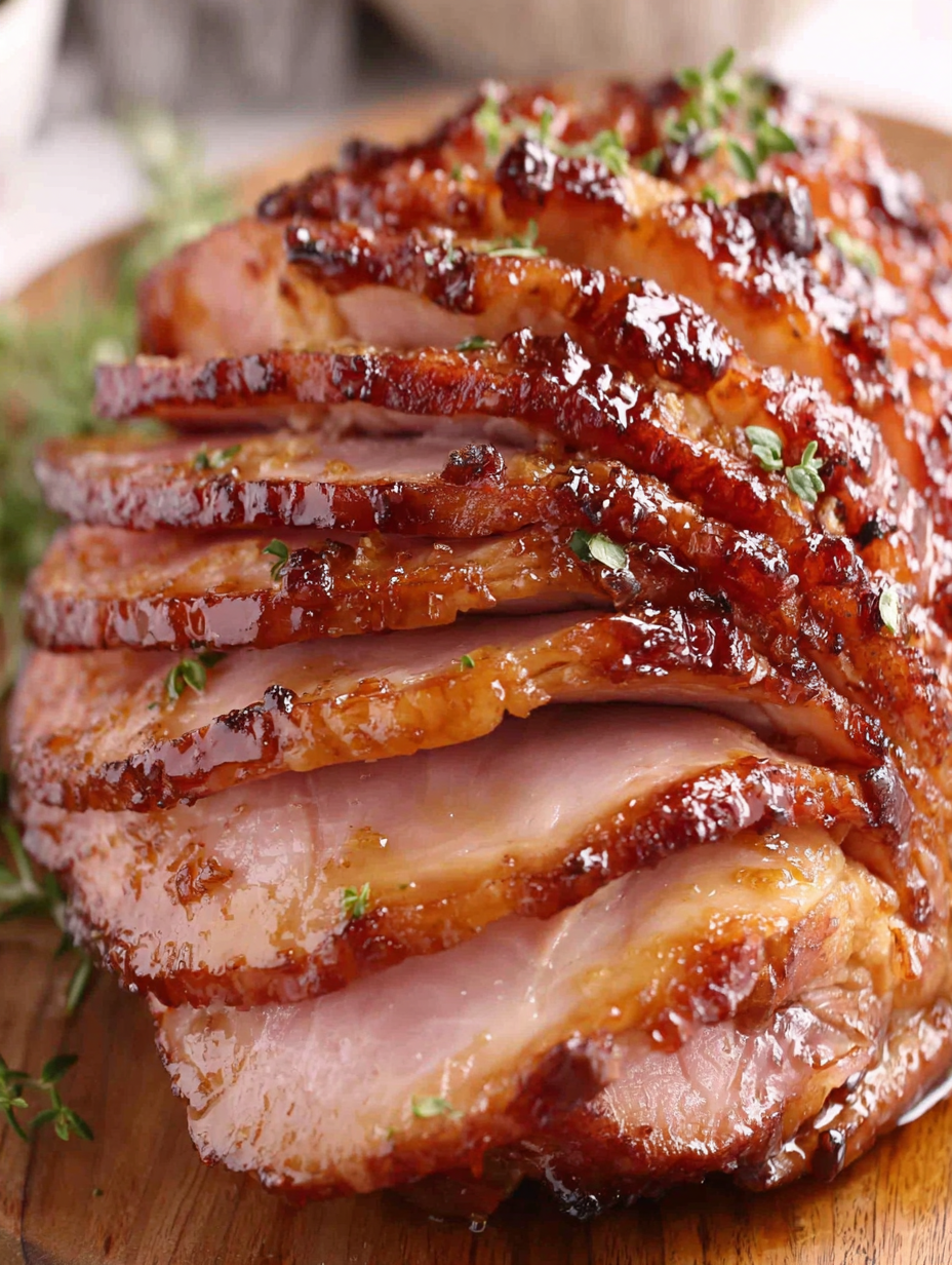 Glazed spiral ham on roasting pan