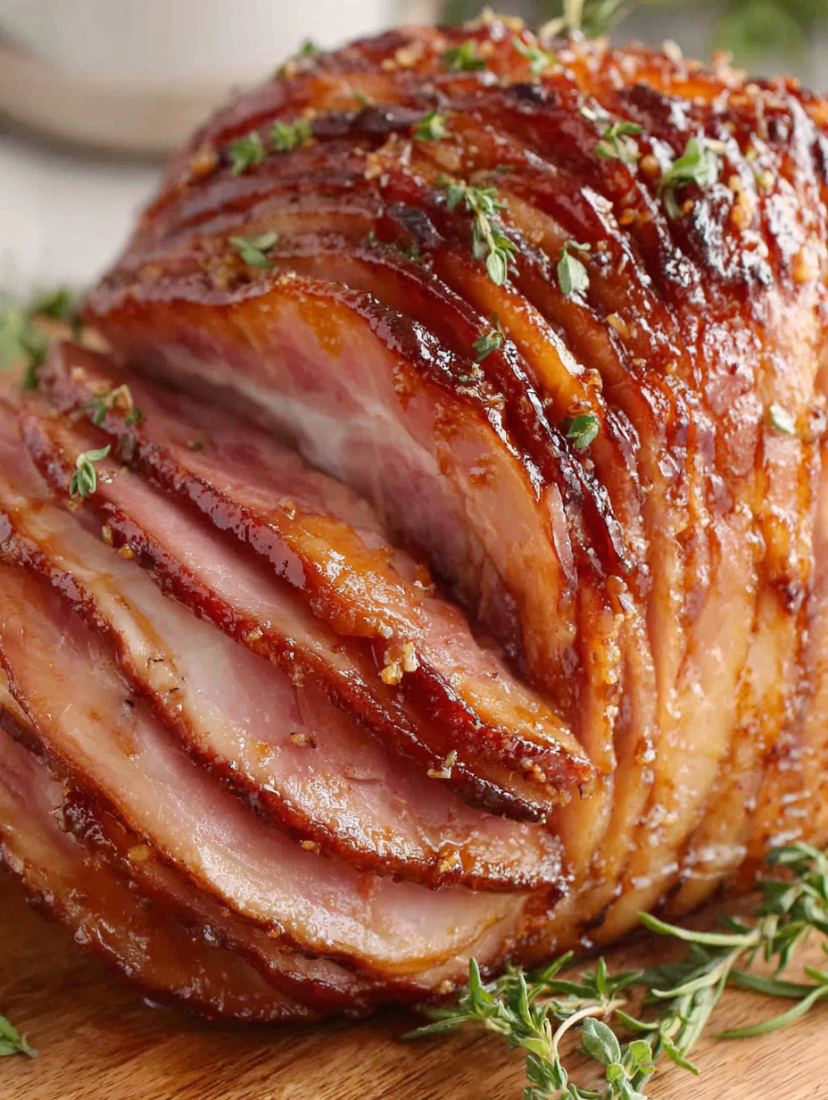 Close-up of glazed ham slice