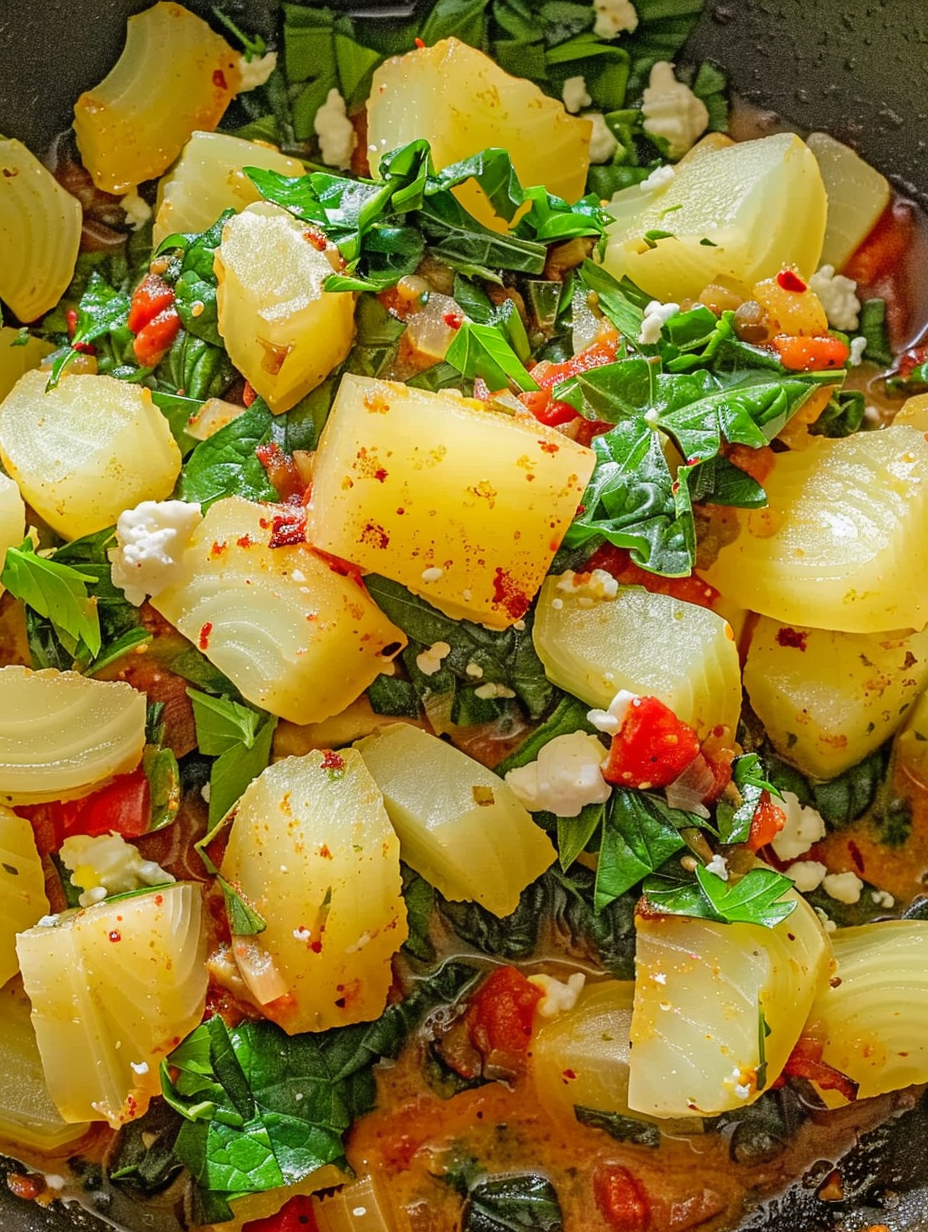 Close-up of garlicky chard and potatoes