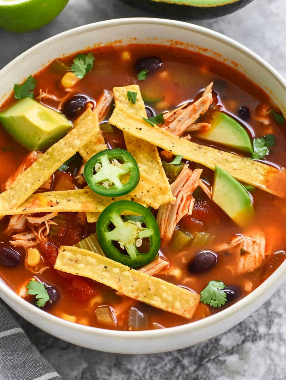 Bowl of chicken tortilla soup with avocado and tortilla strips