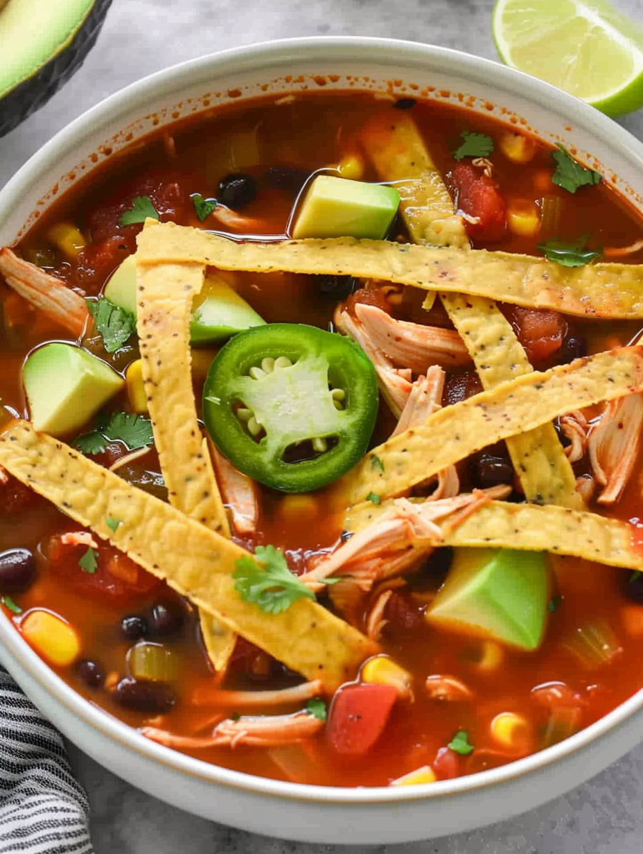 Close up of tortilla strips and soup garnish