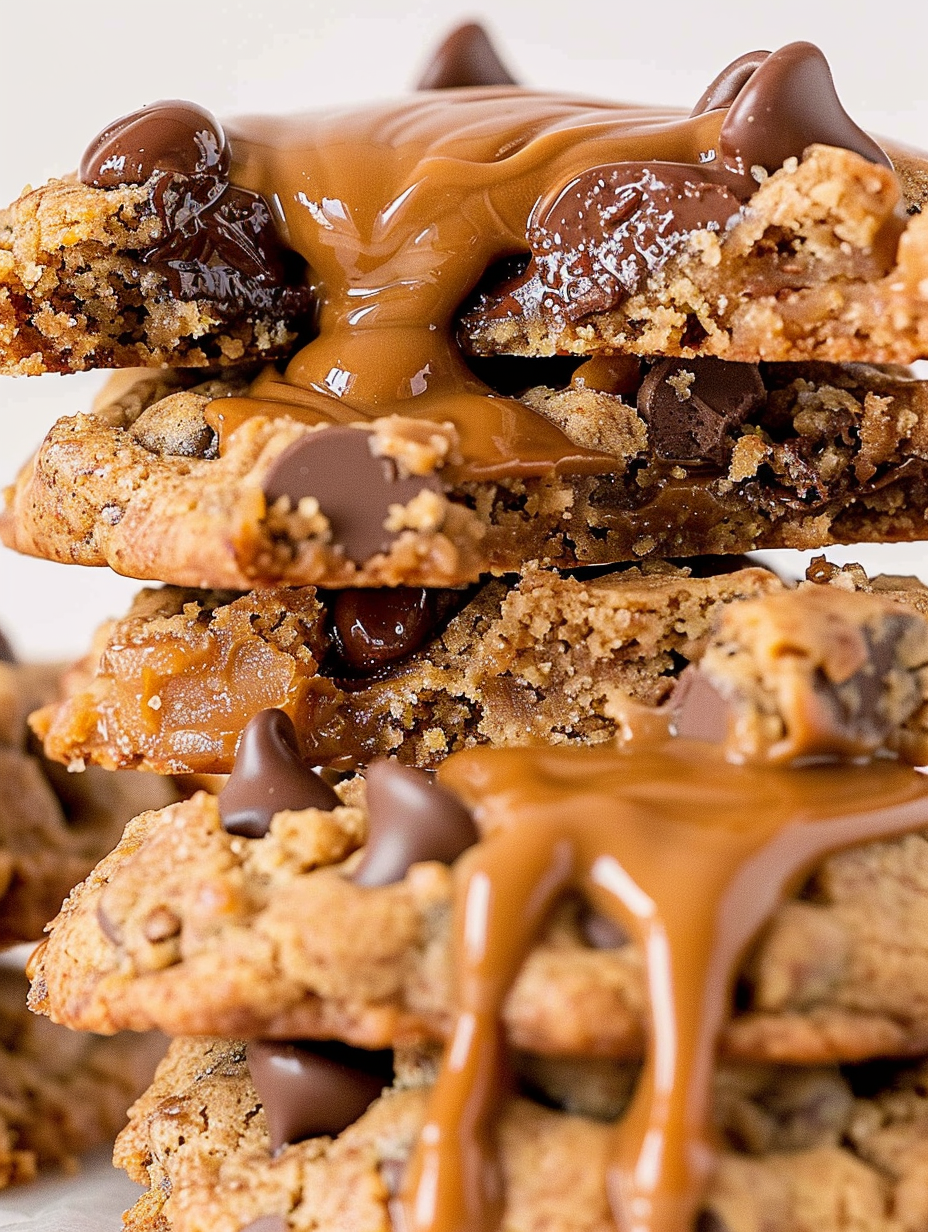 Tray of freshly baked chocolate chip Biscoff cookies with melted cookie butter drizzle
