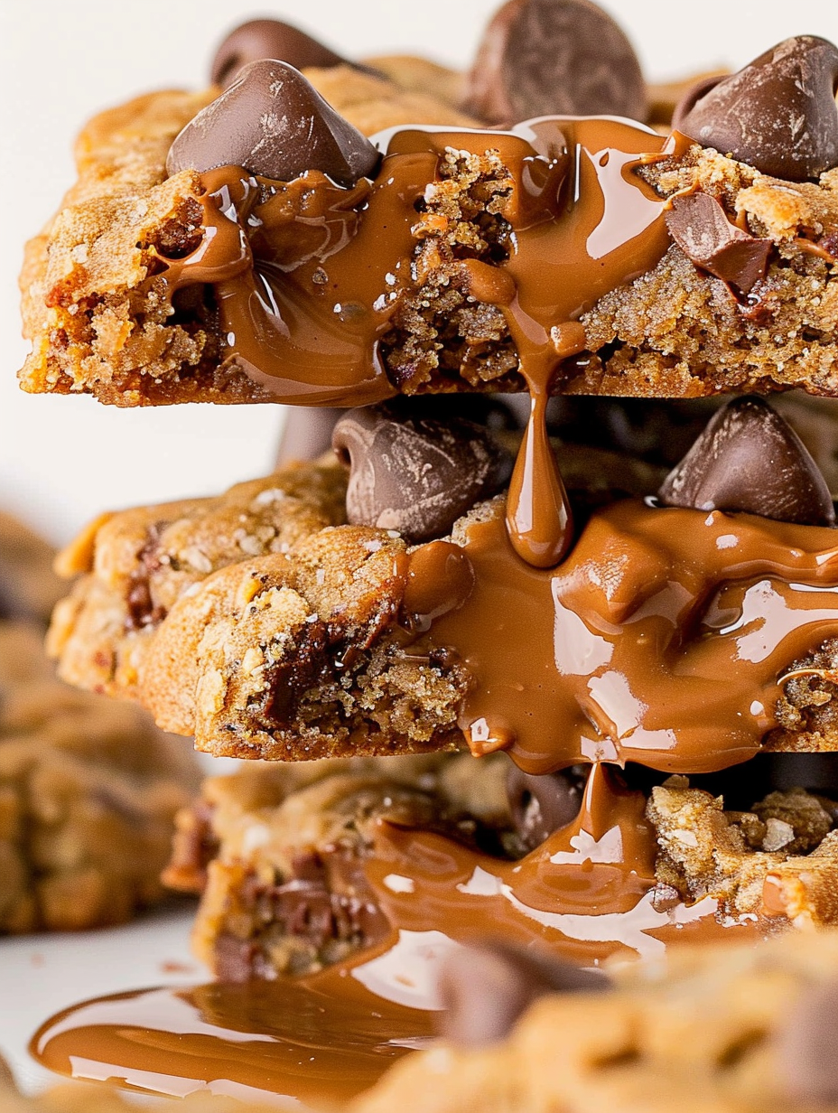 Close-up of a cookie cross-section showing melted chocolate and Biscoff crumbs