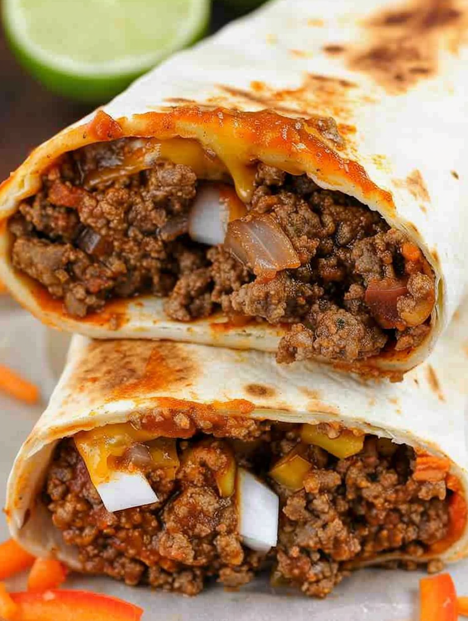 Finished beef burritos on a plate, cut to show filling