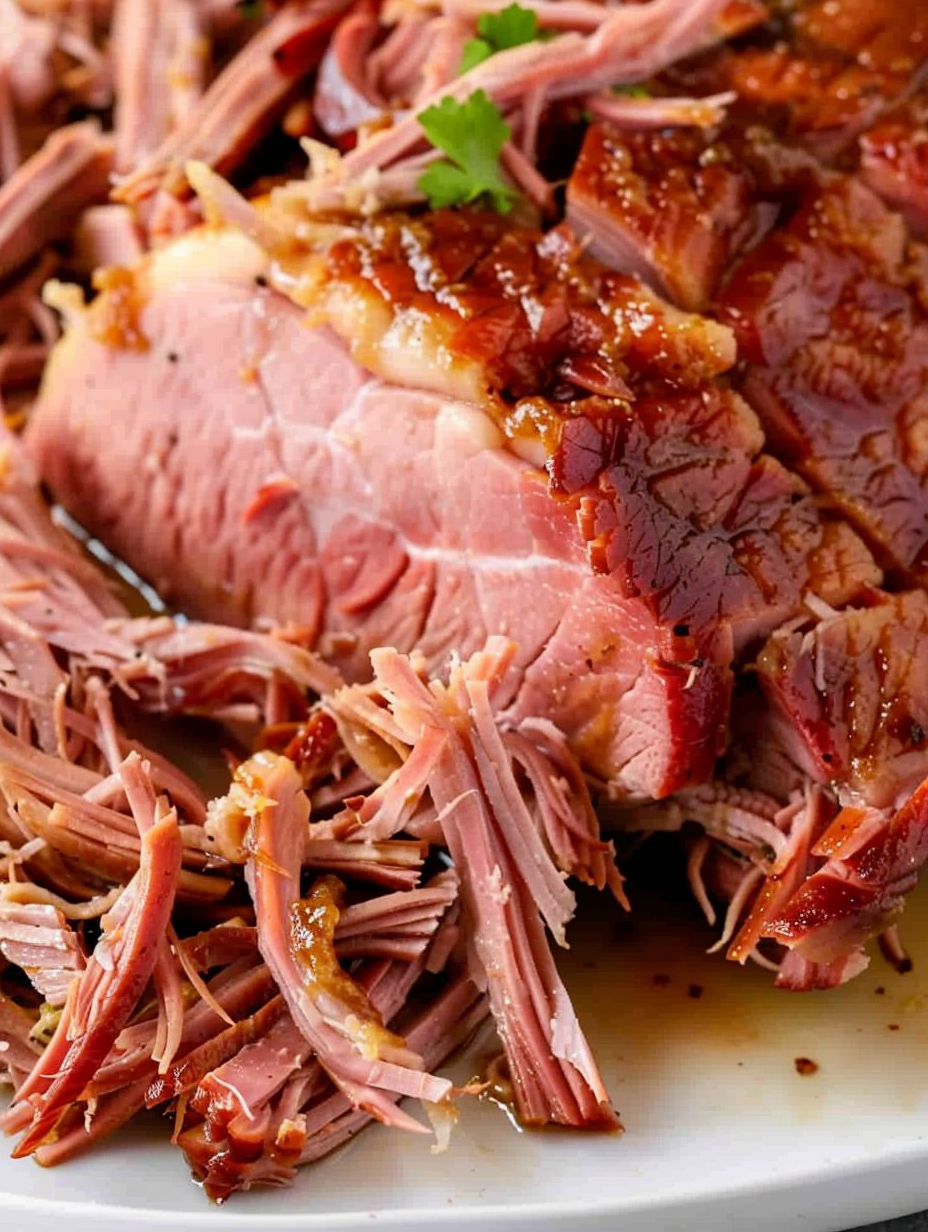 Pulled ham shredded and tossed in pan drippings