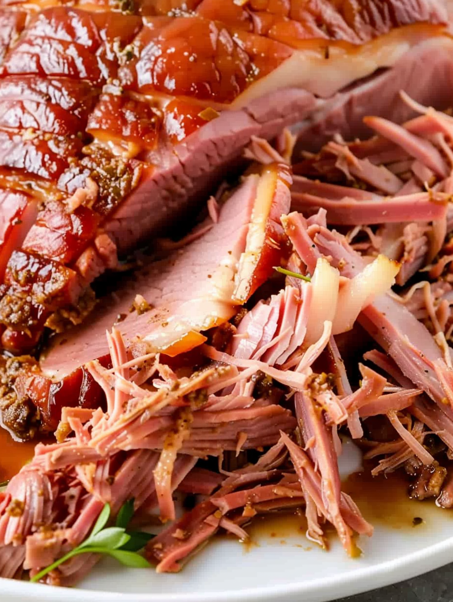 Sliced ham on cutting board before shredding