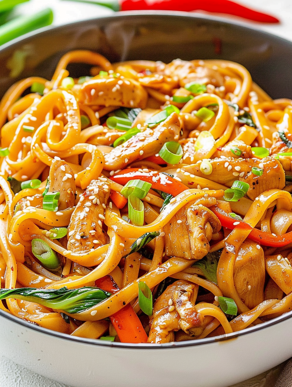 Stir fry in skillet with noodles and vegetables