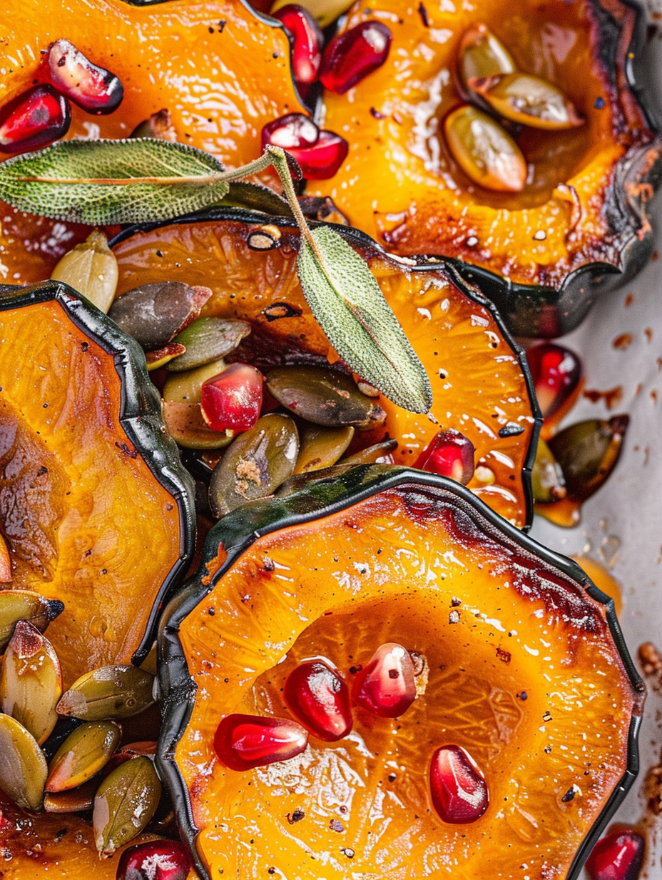 Roasted acorn squash slices glazed with orange butter and garnished with pomegranate arils