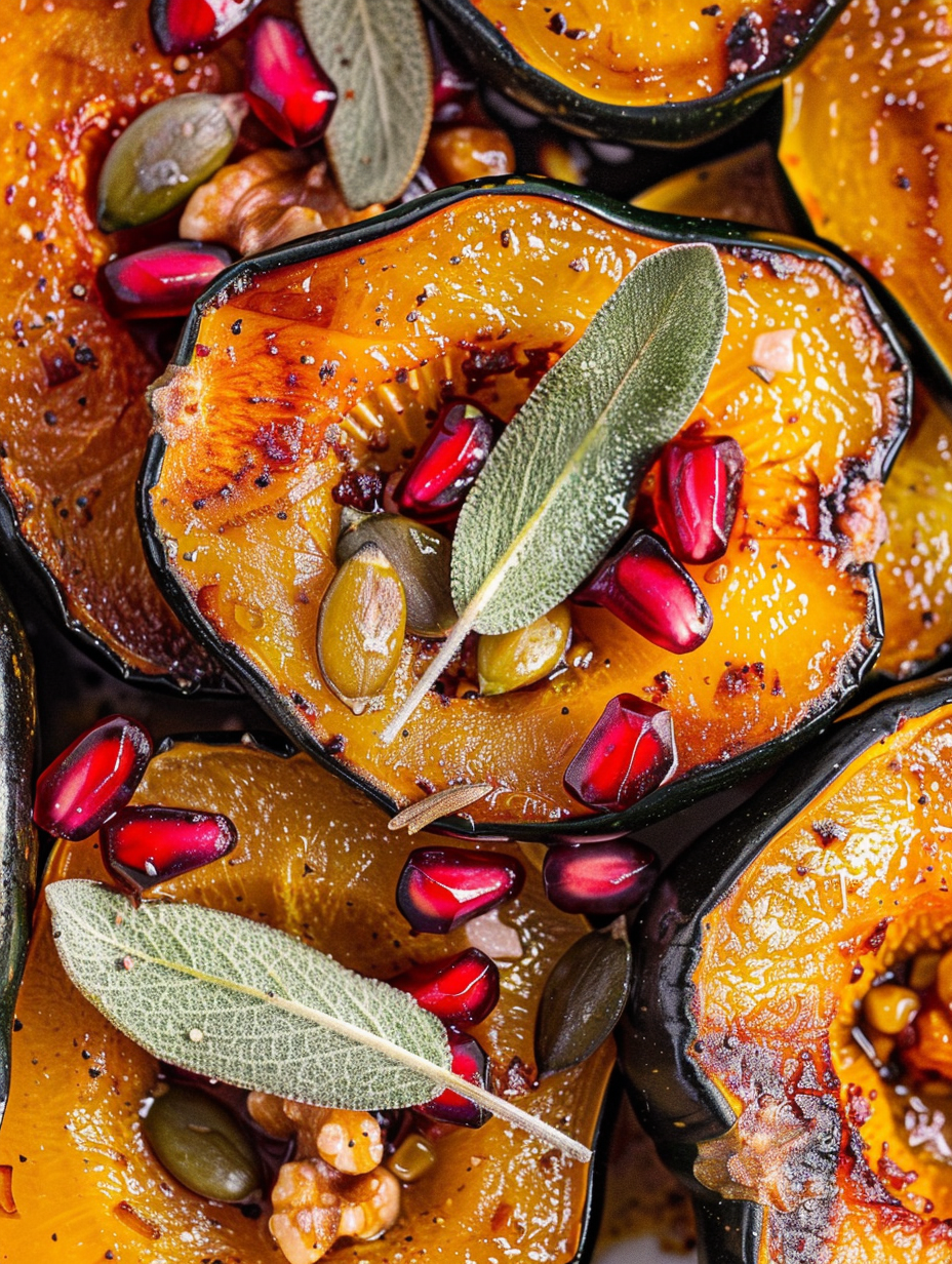 Close-up of glazed squash slices with toasted seeds and sage