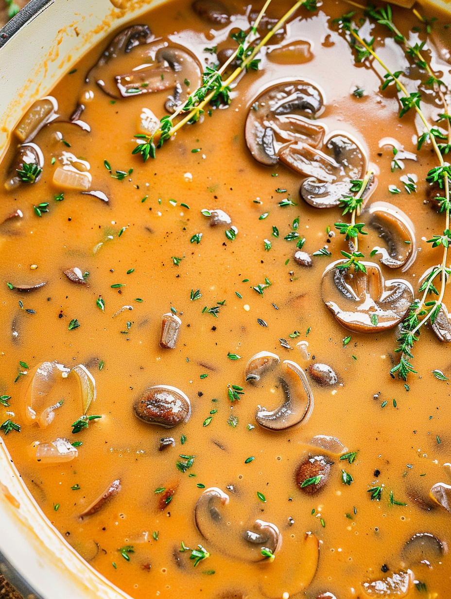 Bowl of mushroom gravy with herbs