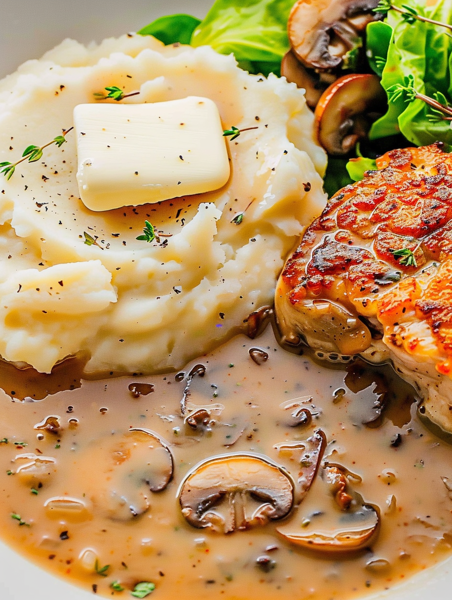 Mushroom gravy poured over mashed potatoes