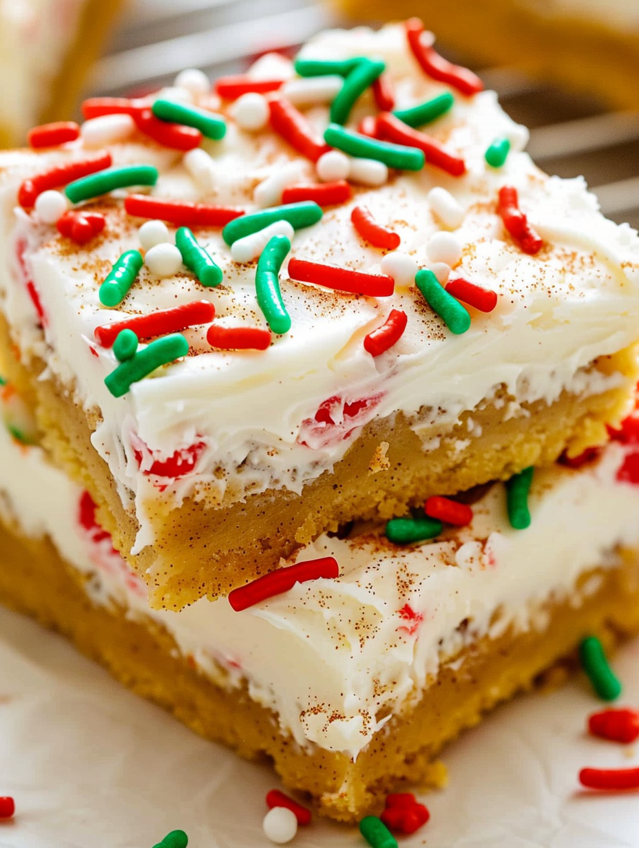 Cream cheese frosting spread over snickerdoodle bars with sprinkles