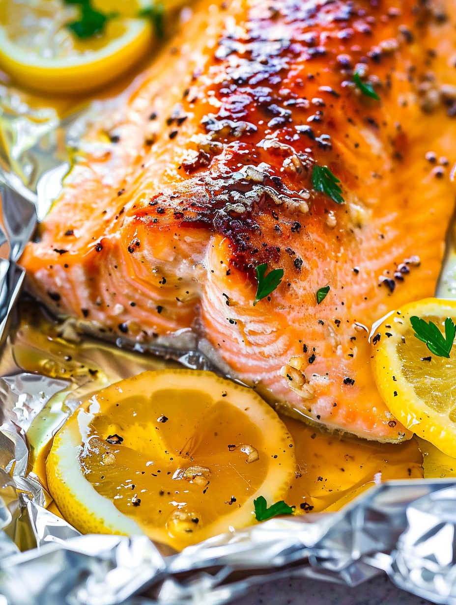 Plated lemon garlic butter salmon with lemon slices