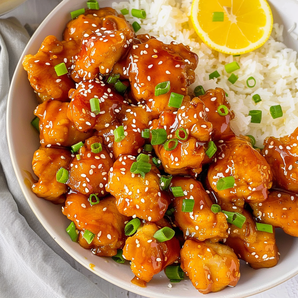 Lemon chicken served with rice and garnish