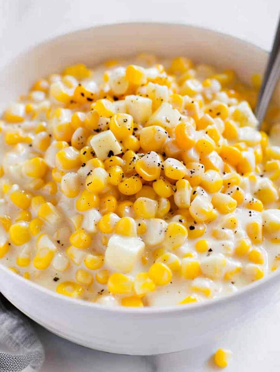 Slow cooker filled with creamed corn melting cheese