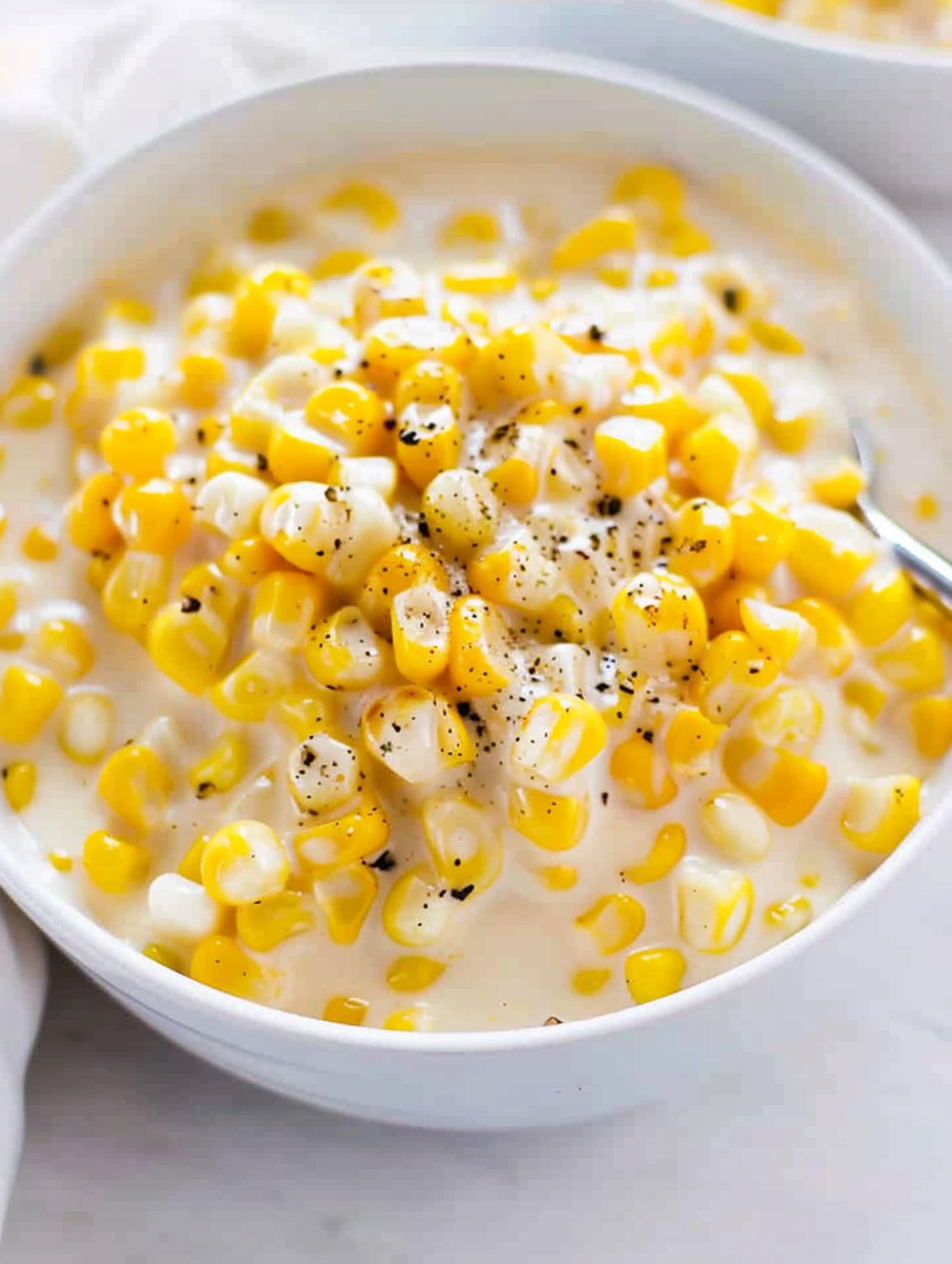 Creamy creamed corn served in a bowl with fresh herbs