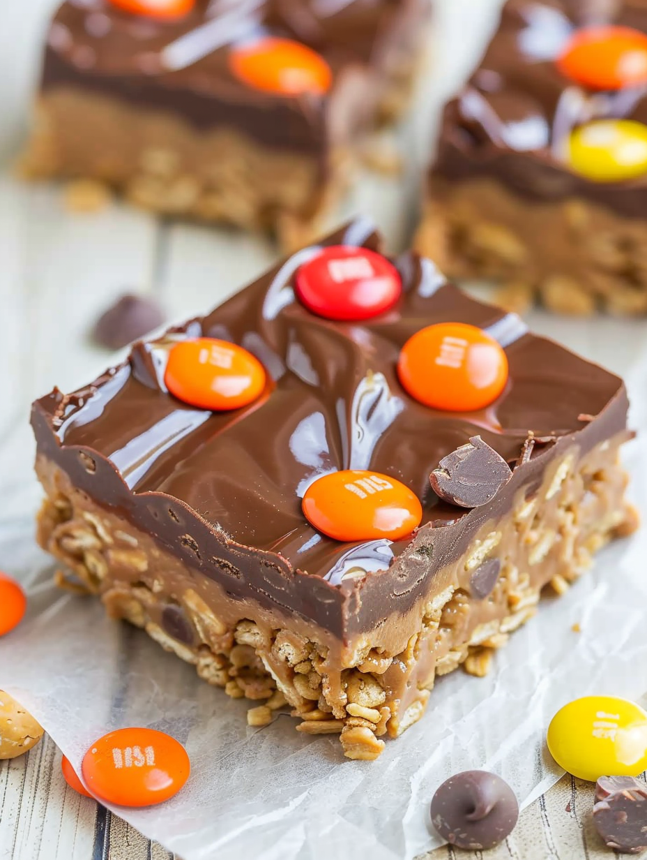 Chocolate peanut butter candy bars with candy pieces on top
