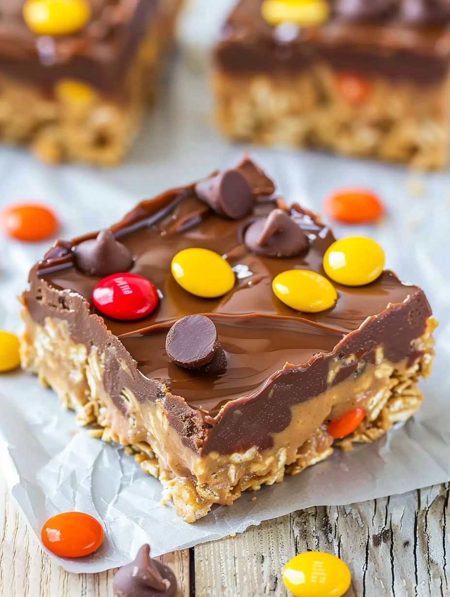 Close-up of a gooey peanut butter base and chocolate layer