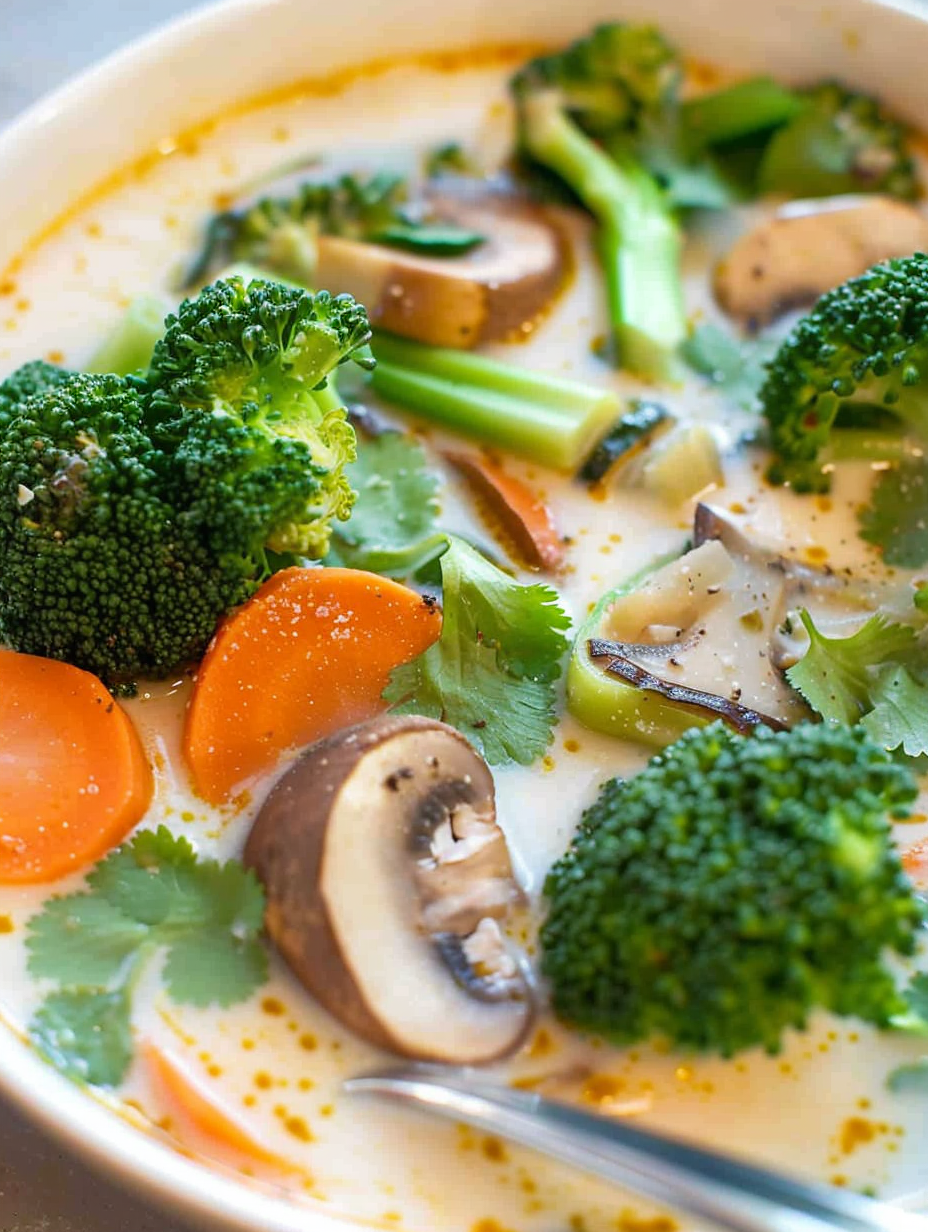 Thai coconut soup with vegetables in a bowl