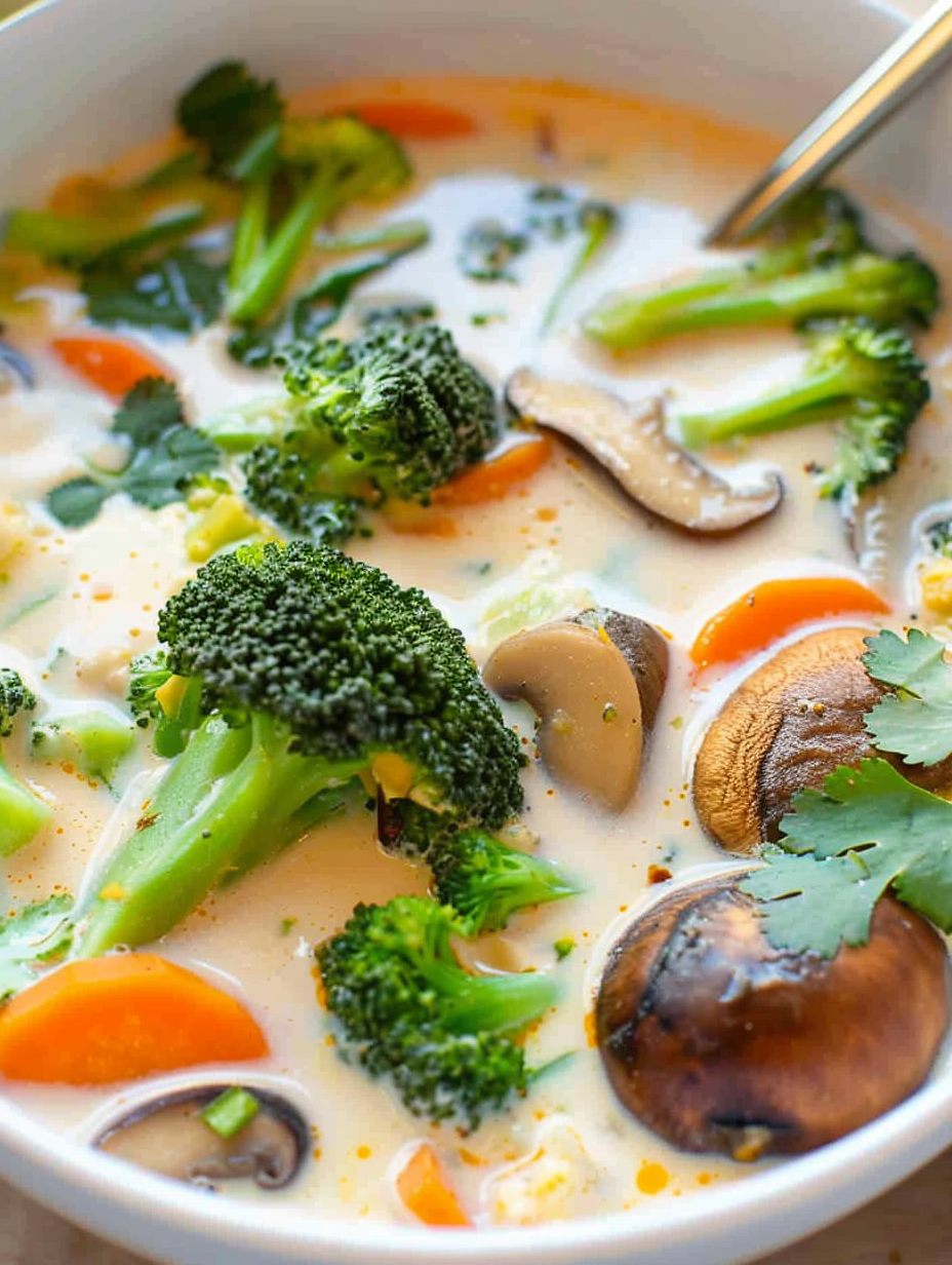 Close-up of vibrant Thai coconut vegetable soup with cilantro