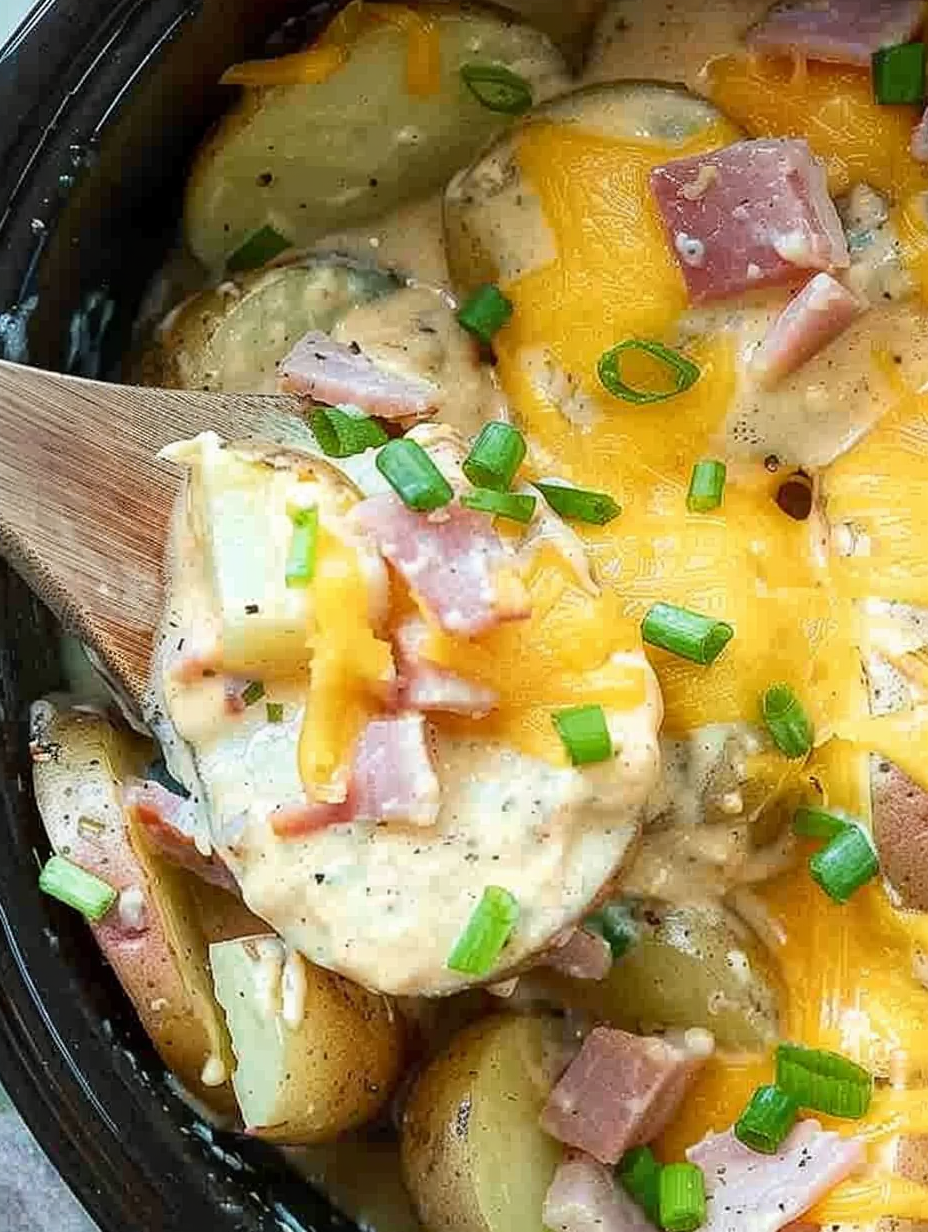 Creamy ham and potato slow cooker dish in a bowl with green onions