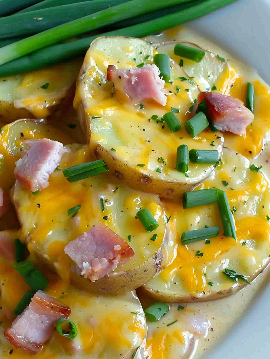 Slow cooker with cheesy ham and potato casserole finished and ready to serve