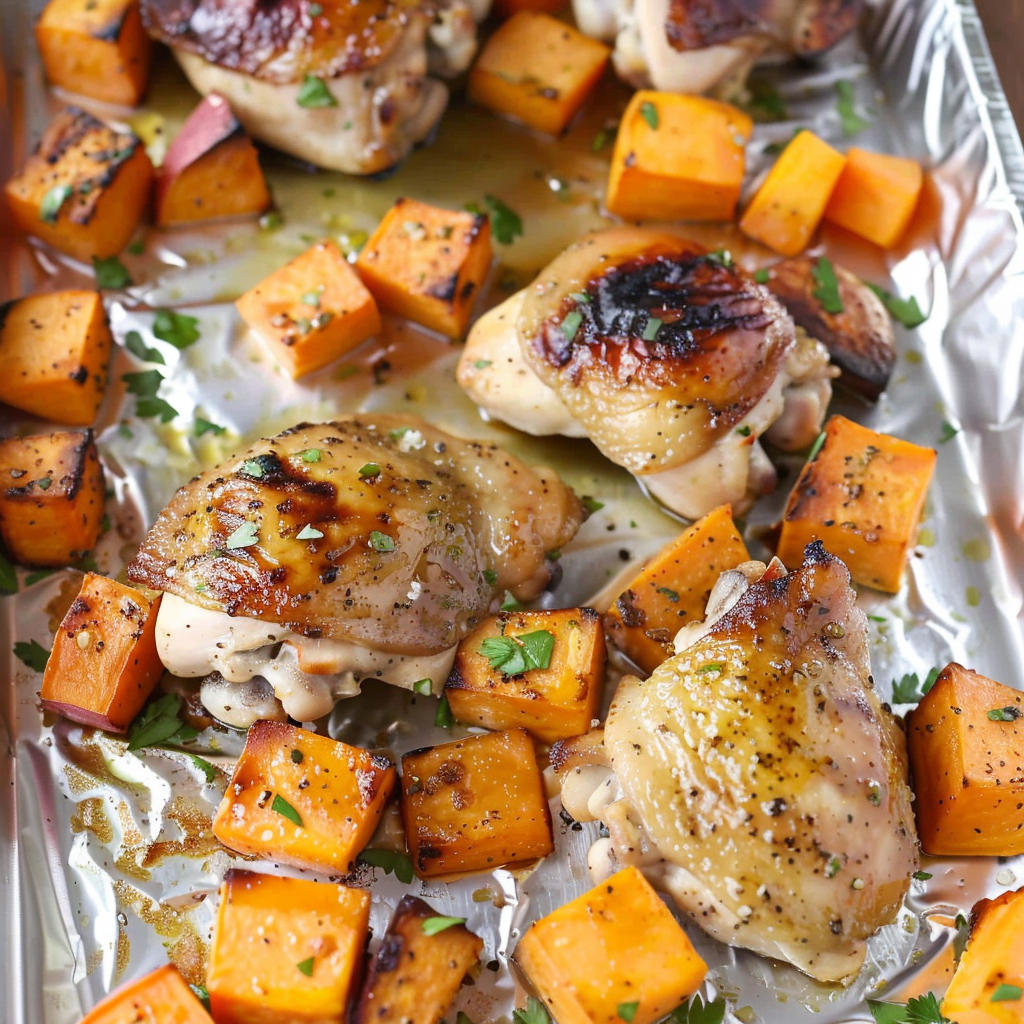 Honey Garlic Roasted Chicken Thighs with Sweet Potatoes