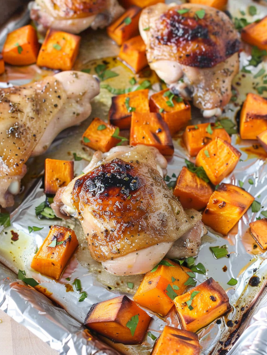 Roasted sweet potatoes and chicken close-up