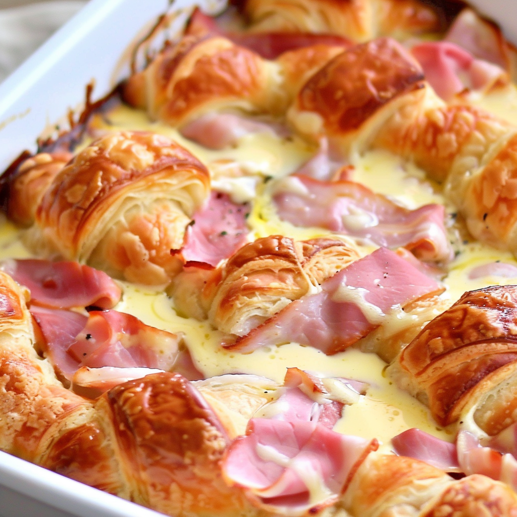 Assembled croissant casserole in a baking dish
