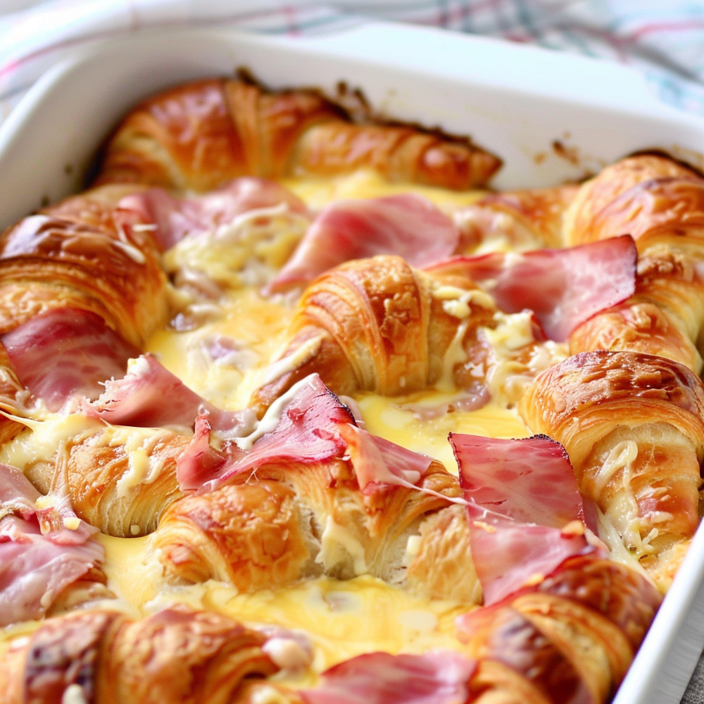 Slice of croissant breakfast casserole plated with jam