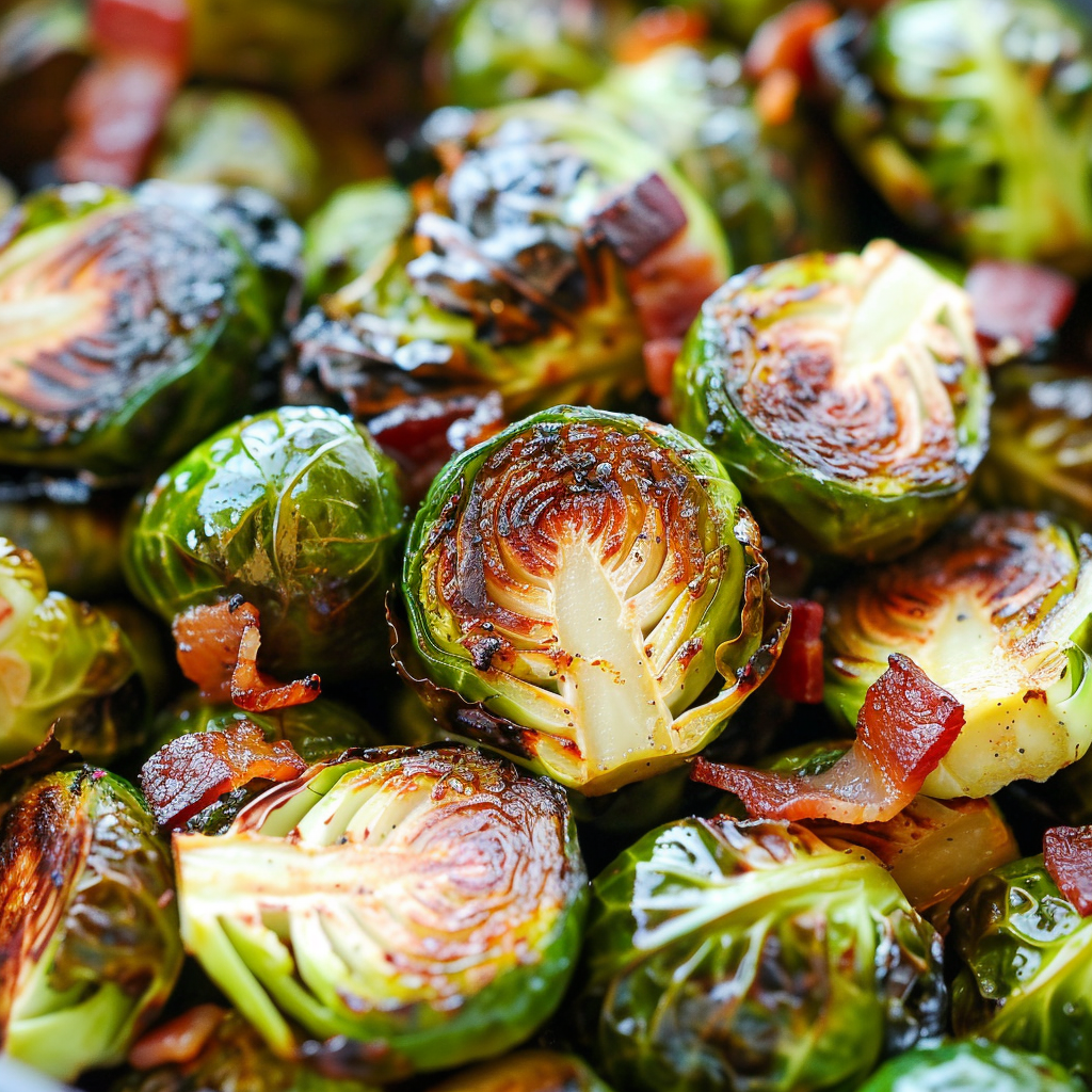 Roasted Garlic Brussels Sprouts with Honey Balsamic and Crispy Bacon